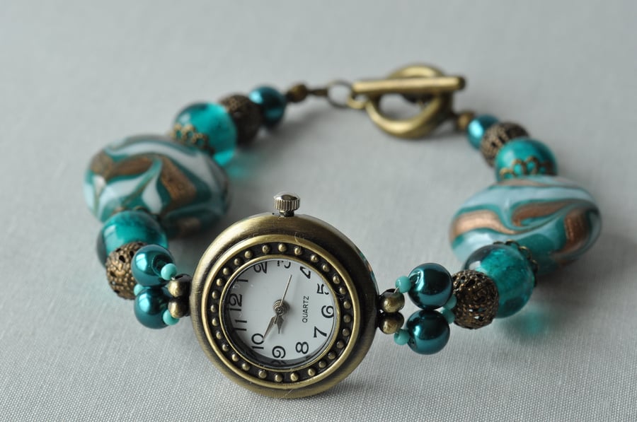 Prom Night Teal & Smokey Bronze Beaded Watch