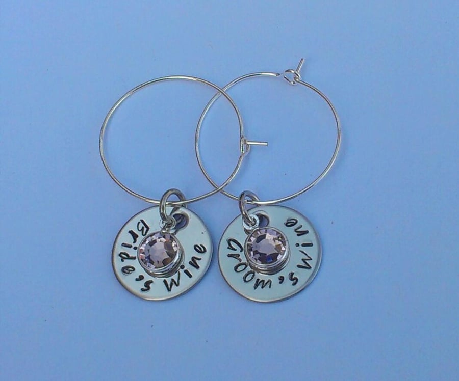 Hand stamped personalised bride and groom wedding wine glass charms
