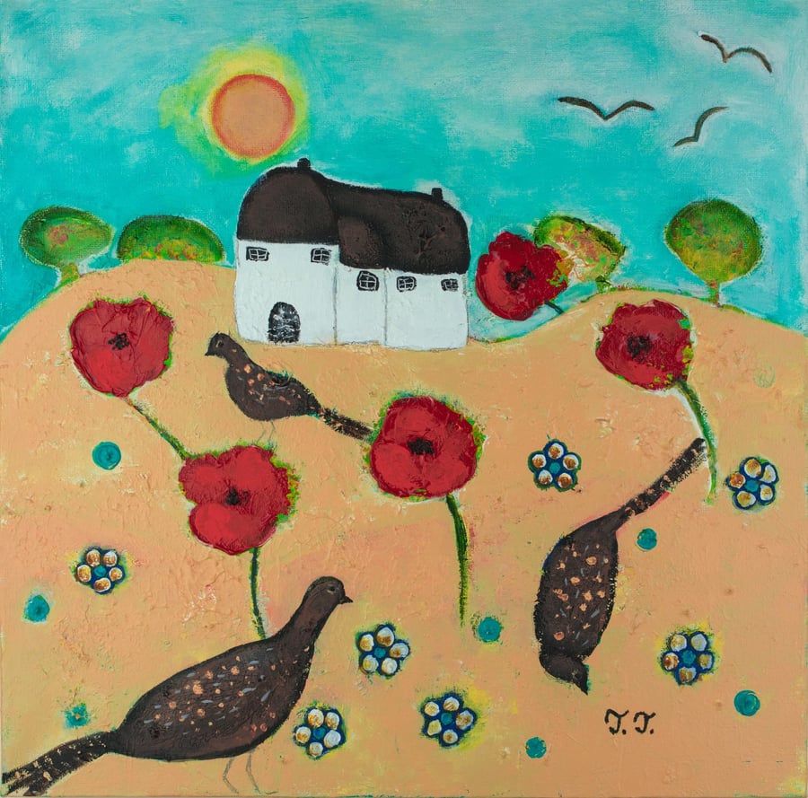 Poppy Painting, Summer Landscape, Pheasant Artwork, Devon Cottage