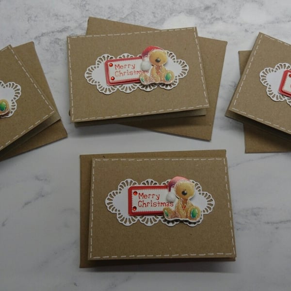 4 Luxury Handmade Christmas Gift Cards Santa Hat Teddy Bear Set of 4 Cards
