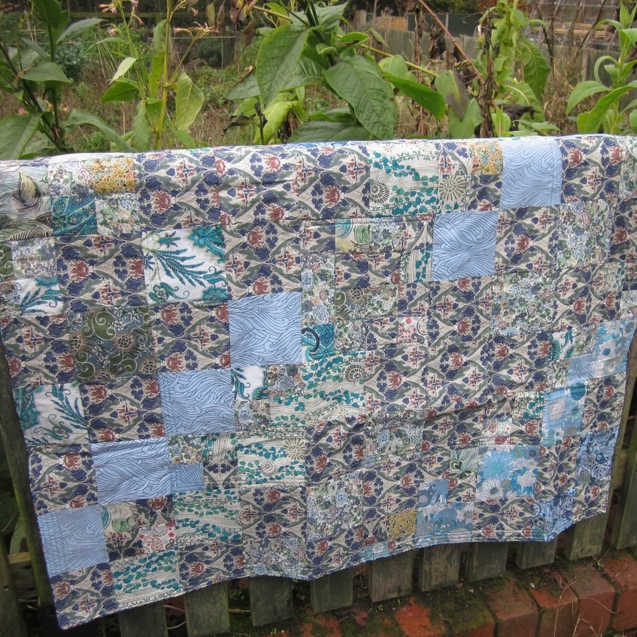 Blue Green Liberty Cotton Patchwork Lap Quilt