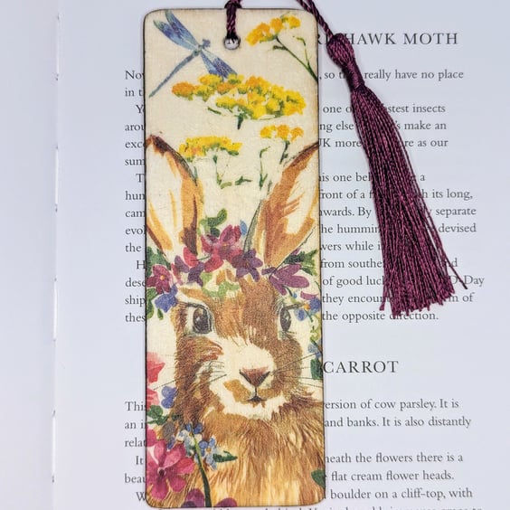 Rabbit pretty wooden bookmark, decoupaged gift for her