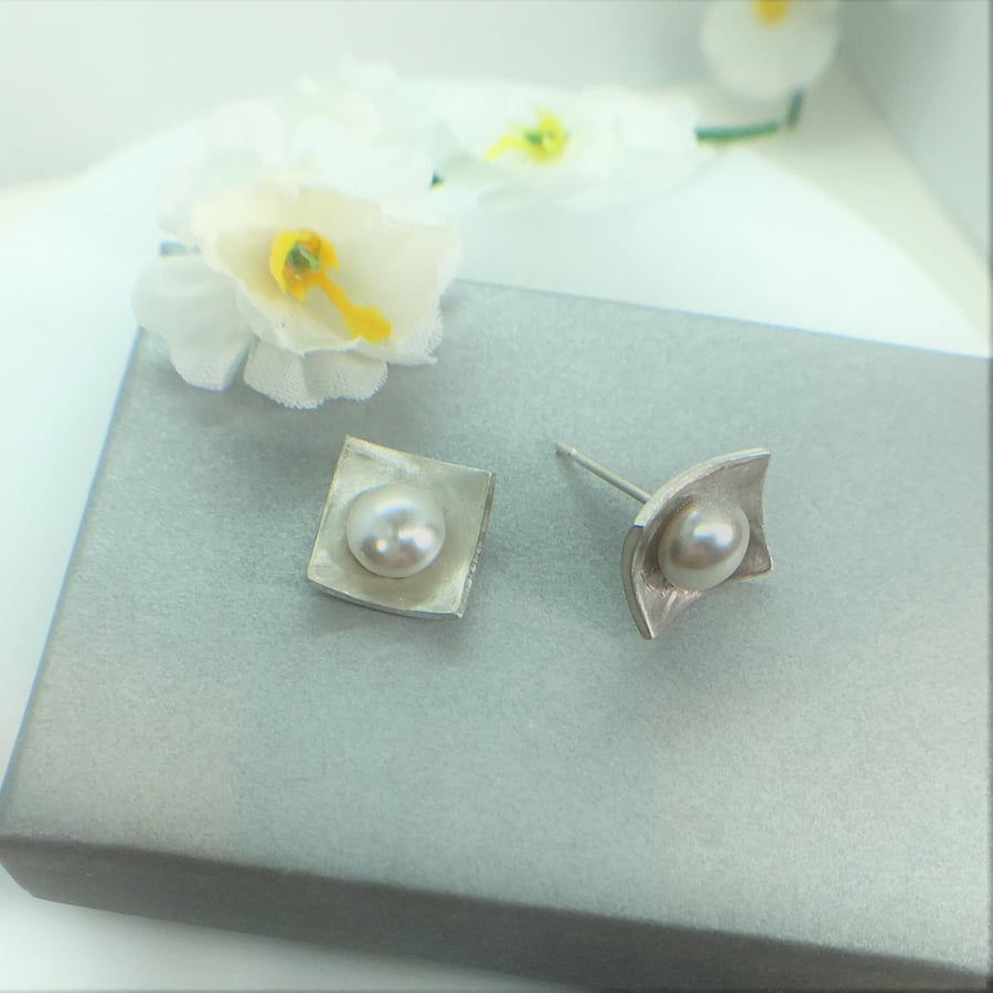 Pearl Cabochon Stud Earrings - Sterling Silver