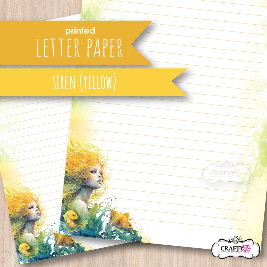 Letter Writing Paper - Mermaid Siren in yellow, 10 sheets