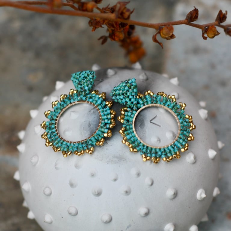Turquoise and gold handmade hoop earrings
