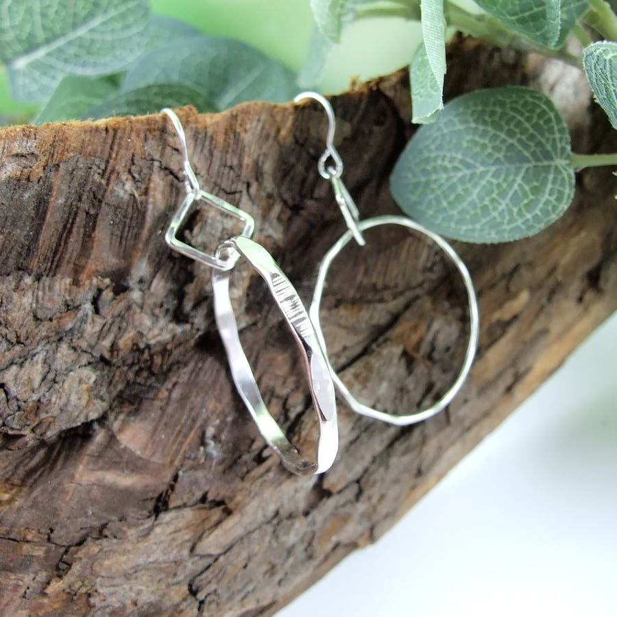 Earrings, Sterling Silver Faceted Patterned Hoops