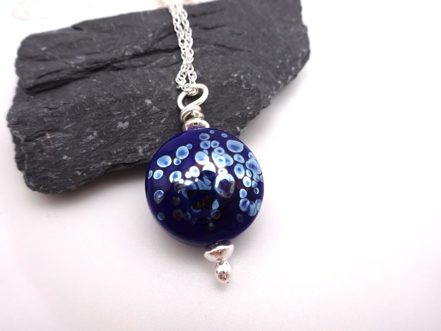 lampwork glass blue and silver pendant necklace