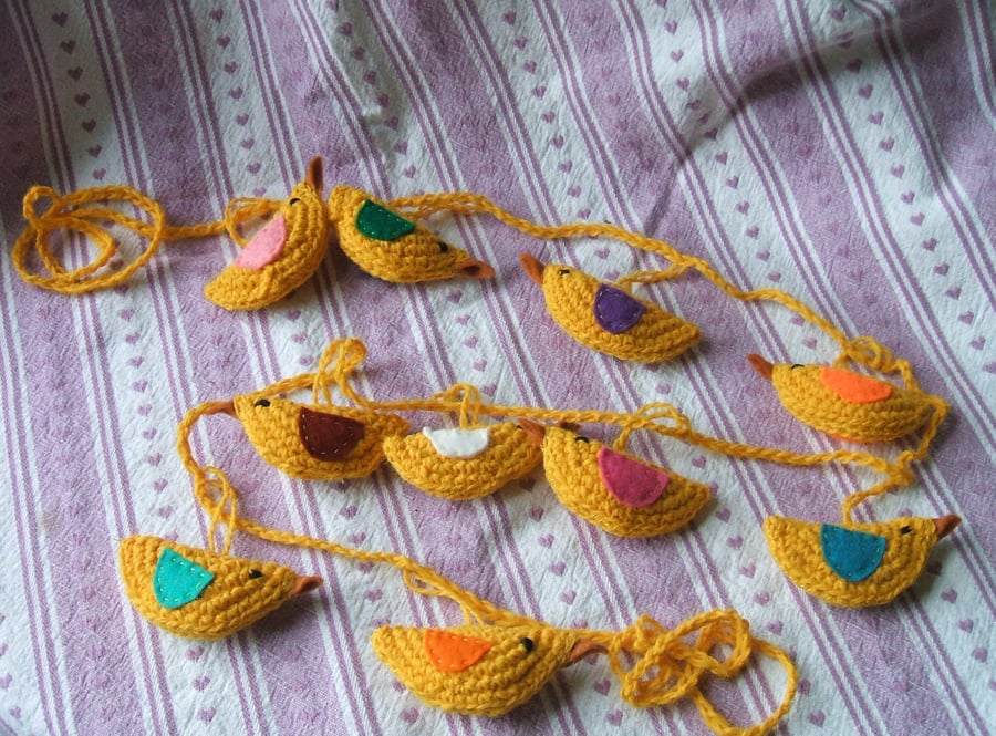 Crocheted hanging bird garland, bunting - yellow