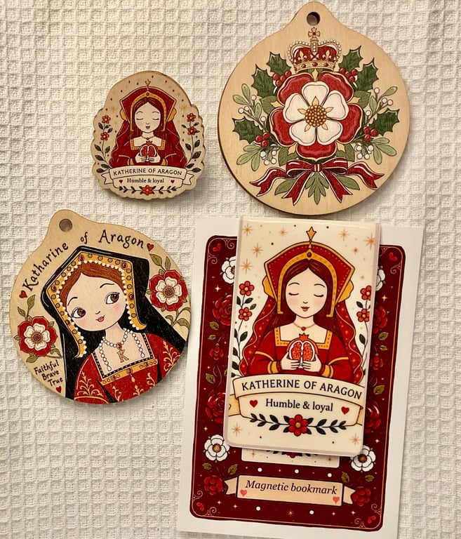 Katharine of Aragon Tudor Gift Set – Wooden Pin,Bookmark & 2 Wooden decorations 