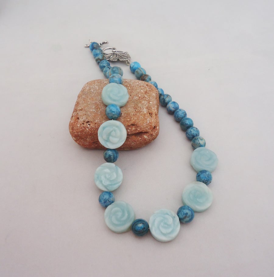 Aquamarine and Crazy Lace Agate Statement Necklace, Gemstone Necklace