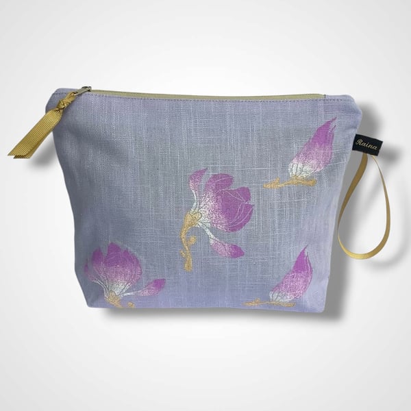 Lilac Magnolias Linen Makeup Bag
