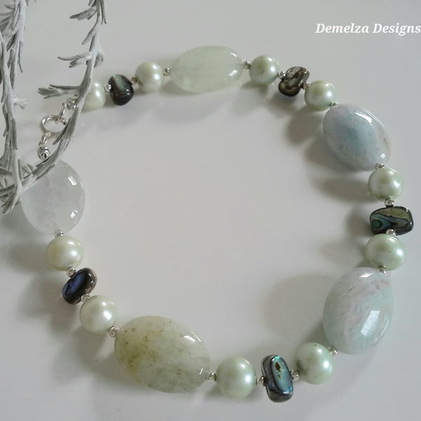 Aquamarine, Freshwater Pearl, Abolone Shell Sterling Silver Bracelet