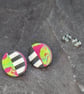 Stud earrings featuring monochrome strips and hot pink marble effect - Image 2