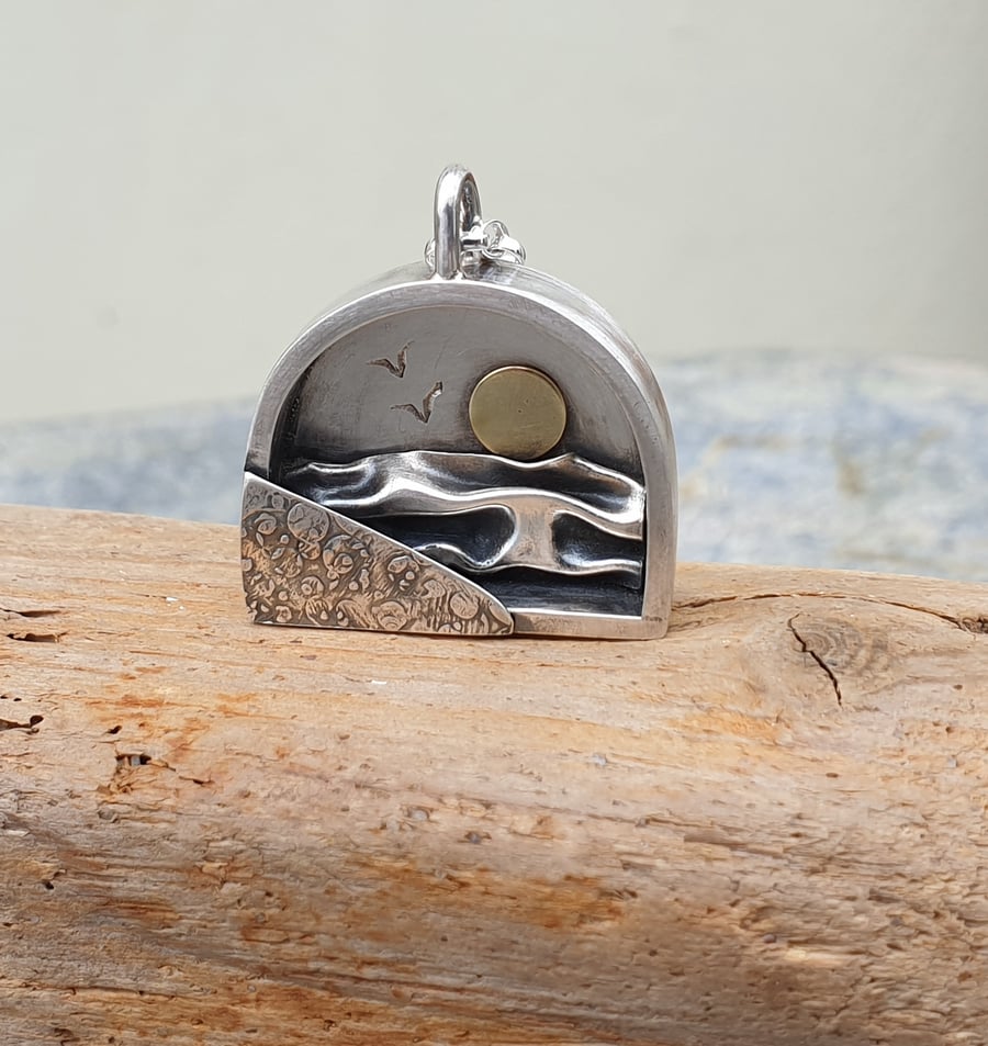 Sterling silver teardrop beach scene pendant