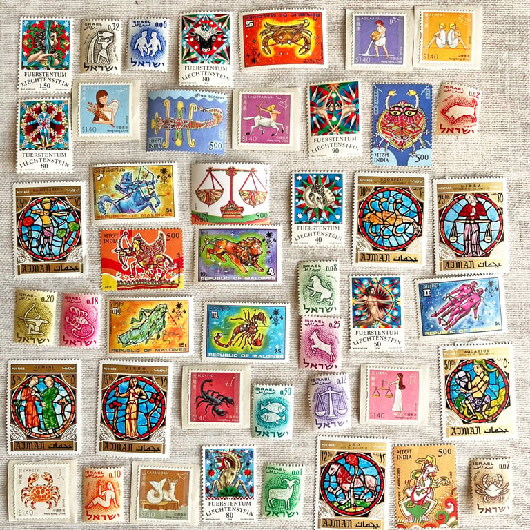 Bargain stash of unused zodiac-themed postage stamps, astrology stamps