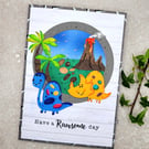Dinosaur Birthday Card - handmade, dinosaurs, lava, volcano, blank inside, funny