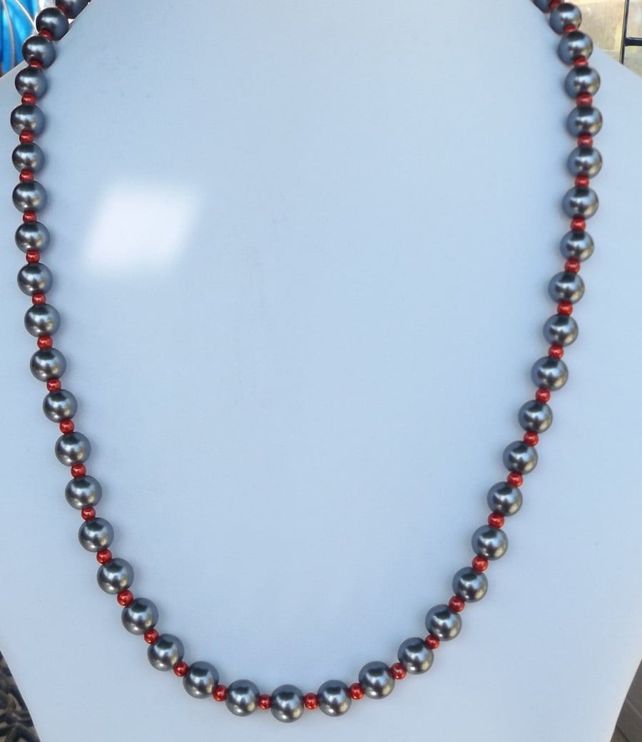Silver and red glass pearl 28" necklace