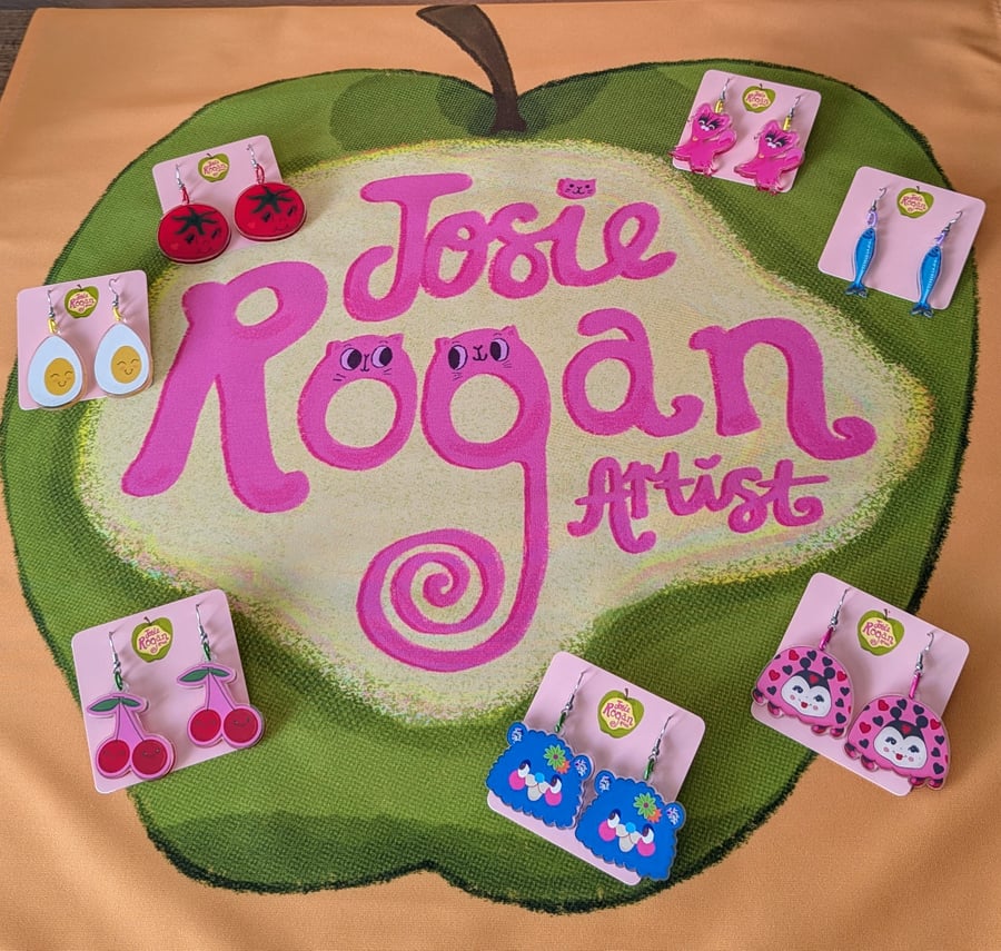 Recycled acrylic illustrated earrings kitsch cute bright shiny happy jewellery