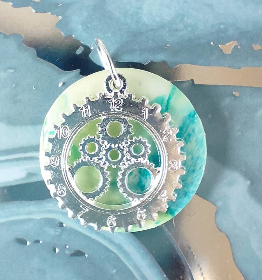 Round Polymer Clay Pendant With Large Cogs Charm
