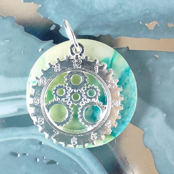 Round Polymer Clay Pendant With Large Cogs Charm
