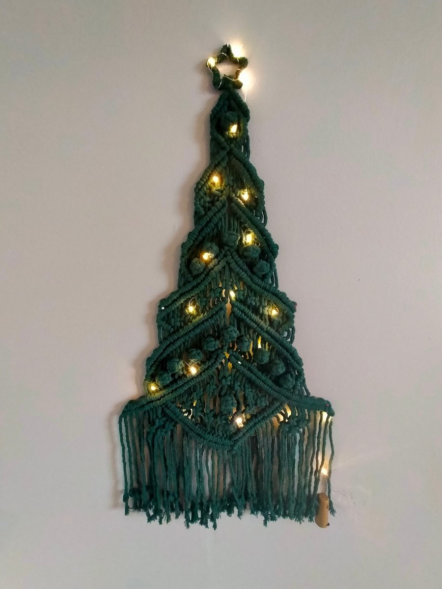 Hanging macrame Christmas tree with lights 