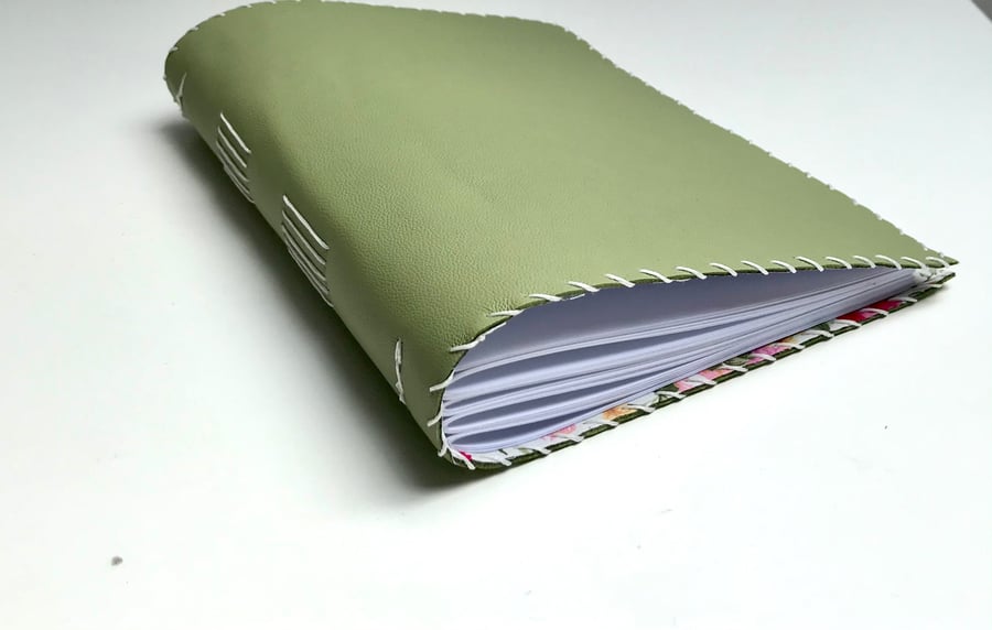 A5 Handmade Green Leather Notebook Sketchbook floral fabric lining plain paper