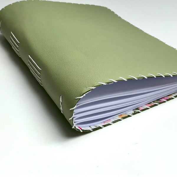 A5 Handmade Green Leather Notebook Sketchbook floral fabric lining plain paper