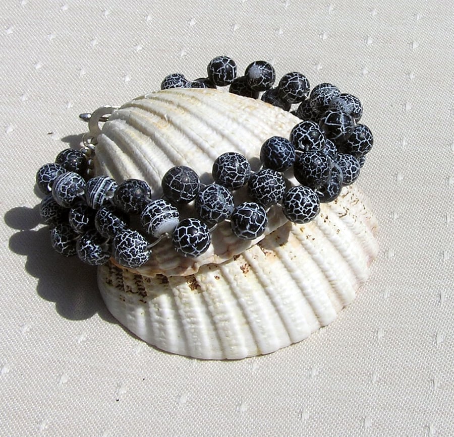Frosted Black Agate Crystal Gemstone Woven Beaded Cuff Bracelet "Twilight Frost"