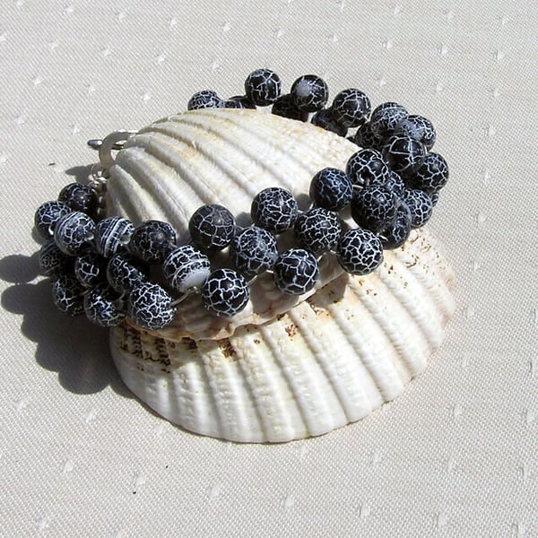 Frosted Black Agate Crystal Gemstone Woven Beaded Cuff Bracelet "Twilight Frost"
