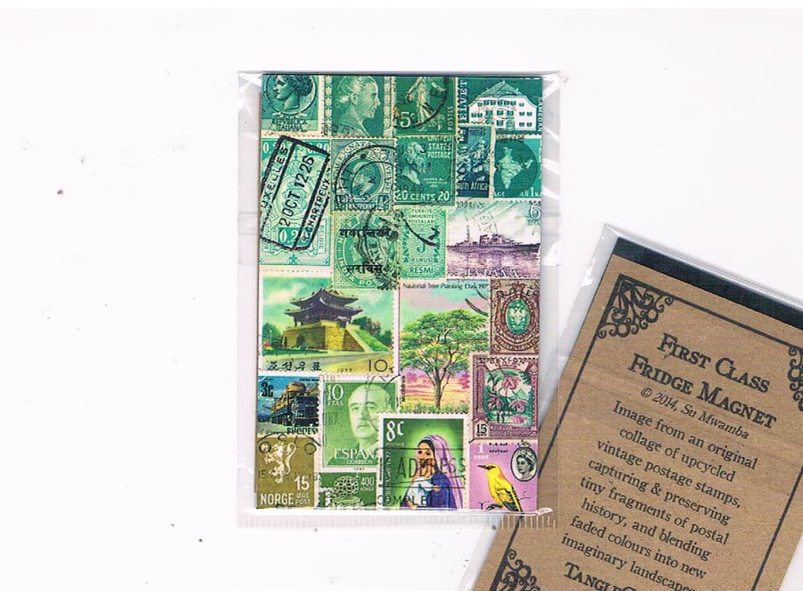 Postage Stamp Collage Magnet 1 - print of original upcycled art, party favour