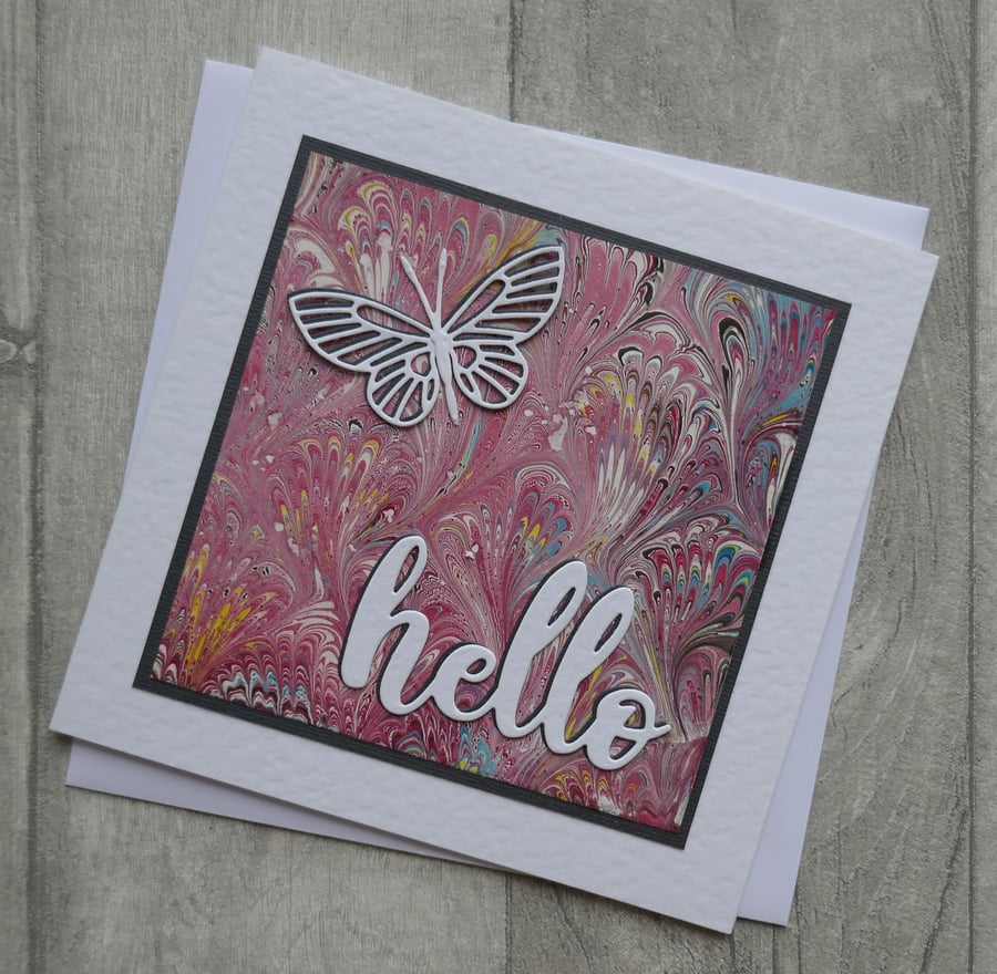 Blank Card with Pink Marbled Paper, Die Cut Butterfly and Hello Sentiment