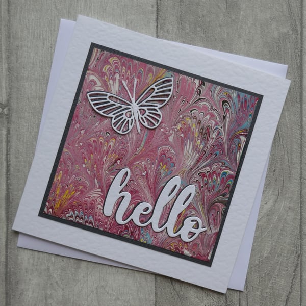 Blank Card with Pink Marbled Paper, Die Cut Butterfly and Hello Sentiment