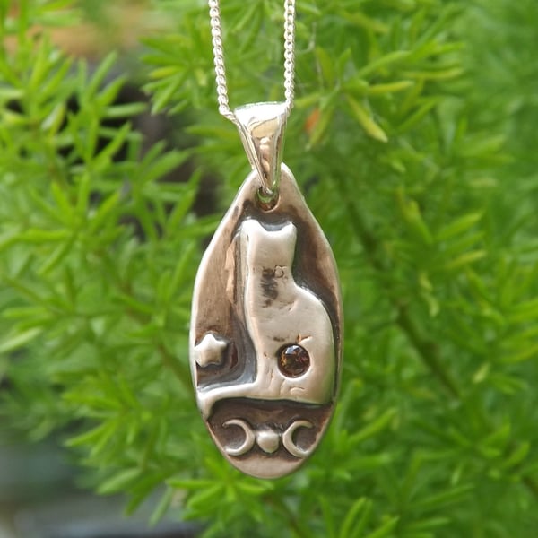 Sterling Silver Cat with Triple moon, Star and Mystic Topaz Pendant Necklace.