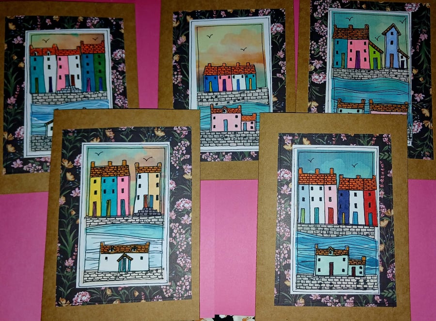 Quirky art, set of 5 quirky colourful seaside house  handmade greetings cards