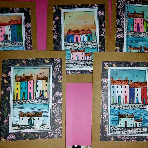 Quirky art, set of 5 quirky colourful seaside house  handmade greetings cards