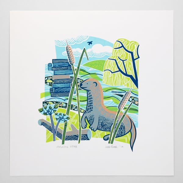 Majestic Otter hand pulled screen print, riverbank, river, willow, bridge