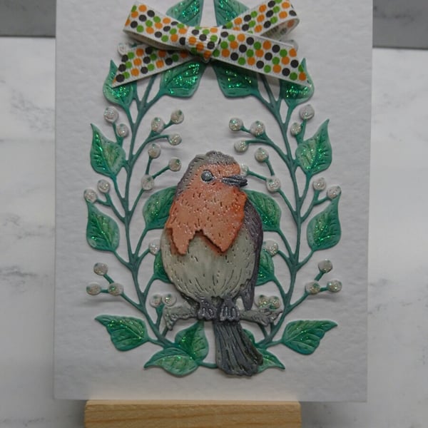 Christmas Card Beautiful Red Robin with Winter Berries 3D Luxury Handmade Card