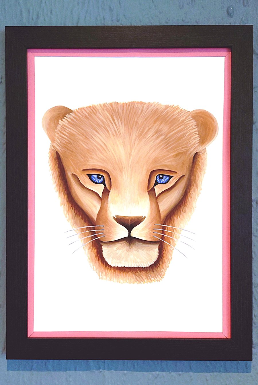 Framed A3 Print Colourful Lion Head Portrait Pink Border Genuine Made in UK 