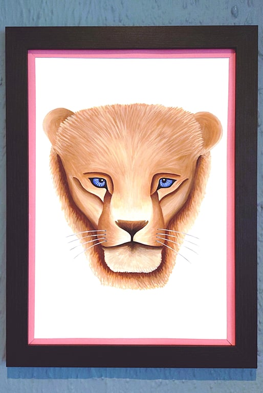 Framed A3 Print Colourful Lion Head Portrait Pink Border Genuine Made in UK 