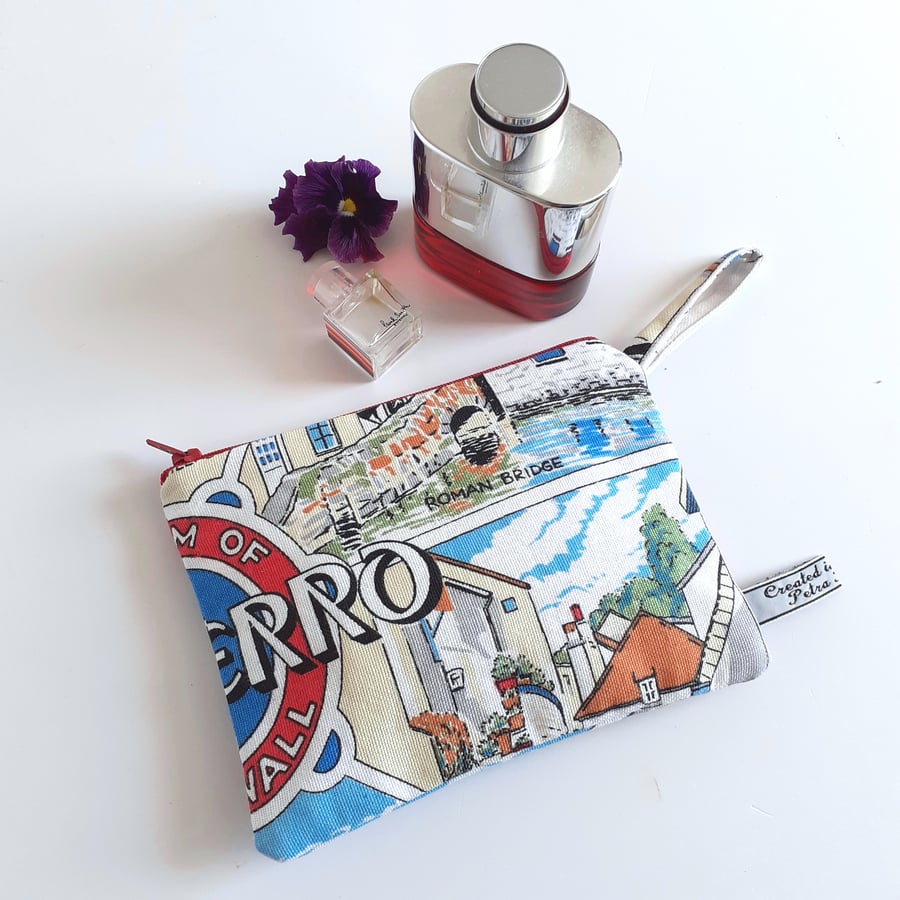Polperro Cornwall seaside recycled tea towel make up bag pouch purse or storage