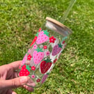 Strawberry glass tumbler with bamboo lid and straw