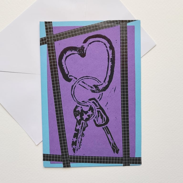 Purple heart carabiner with keys blank hand-printed greetings card