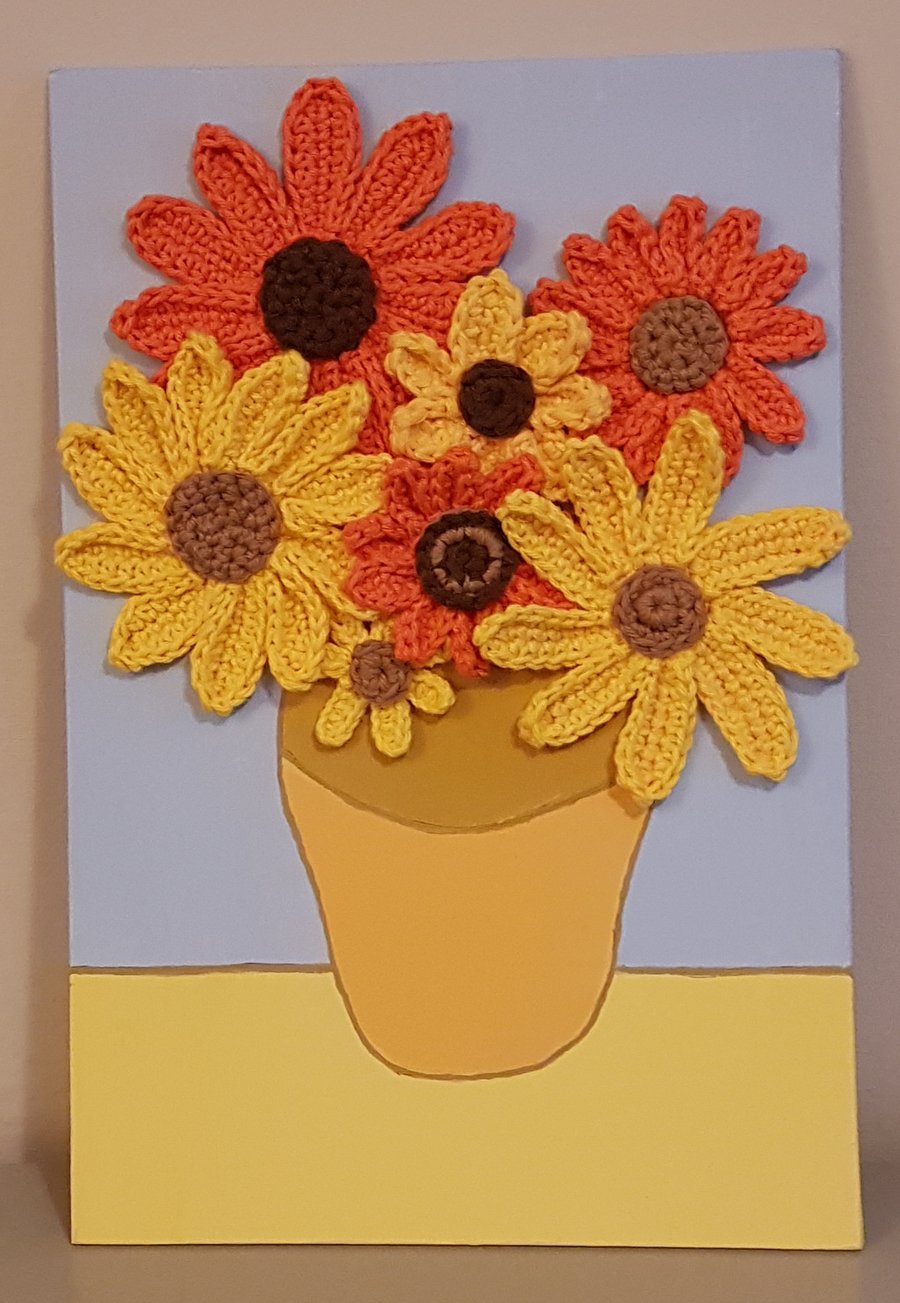 Oil painting with crochet sunflowers