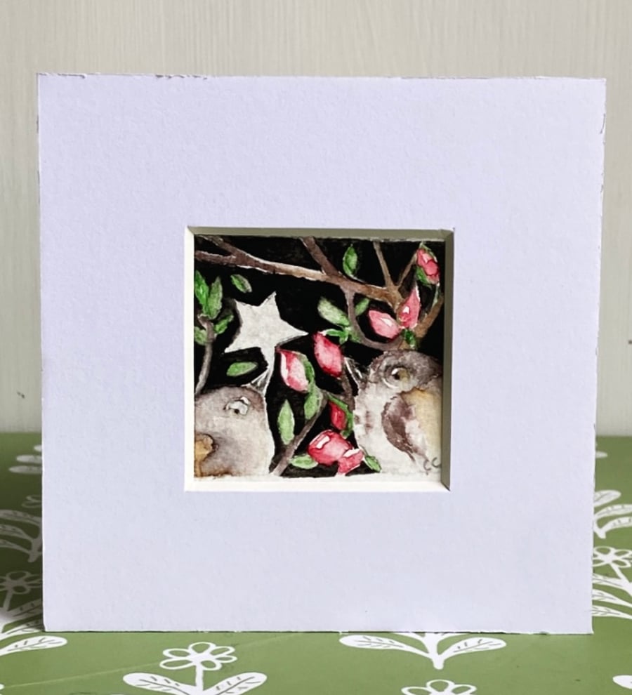 ACEO Original Whimsical Birds with Star at Night Watercolour
