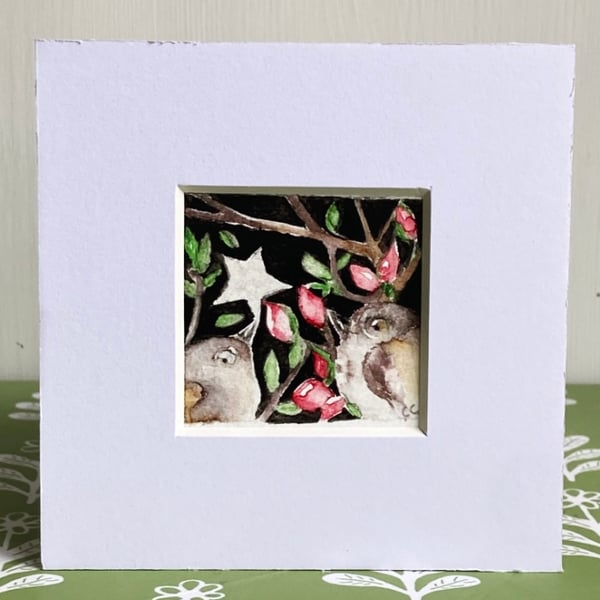 ACEO Original Whimsical Birds with Star at Night Watercolour