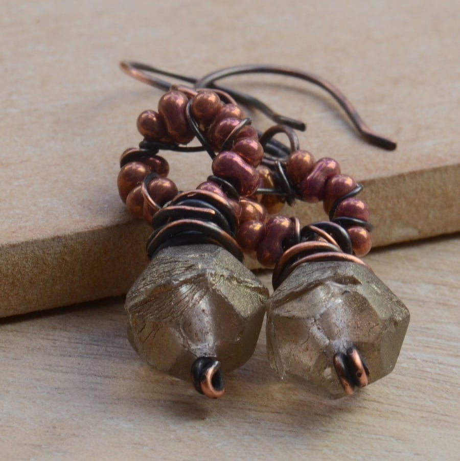 Smoky Czech Glass Bead Copper Earrings with Bronze Seed Beads