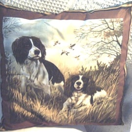 Two Springer Spaniels ready and waiting cushion 