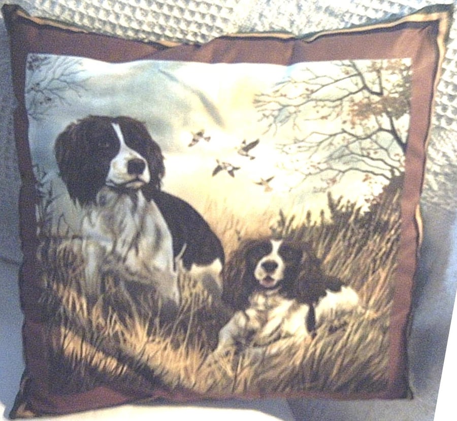 Two Springer Spaniels ready and waiting cushion 