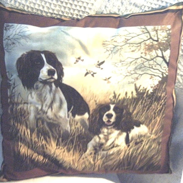 Two Springer Spaniels ready and waiting cushion 