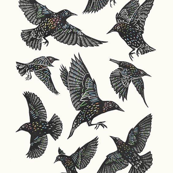 Starlings four-colour A2 linocut screen-print